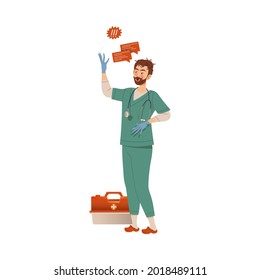 Dissatisfied Man Medical Worker in Uniform Protesting Defending His Rights Vector Illustration