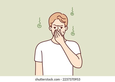 Dissatisfied man pinching nose with hand while suffering from unpleasant smell sweat. Guy is experiencing discomfort due to non-compliance with hygiene standards or health problems. Flat vector image svg