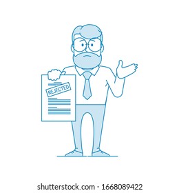 Un hombre insatisfecho muestra un documento con una inscripción rechazada. Denegación de permiso. Carácter - un hombre con gafas y barba. Trabajador de oficina. Ilustración en estilo de arte en línea. Vector