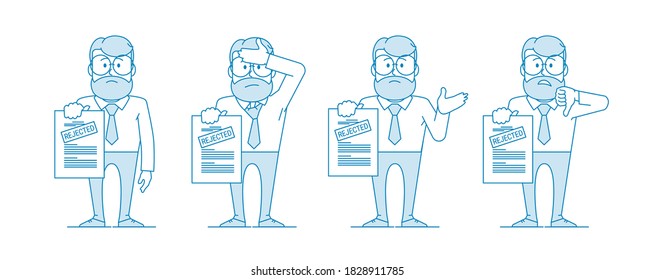 Dissatisfied man shows a document with a rejected inscription and holding his head . Denial of permission. Character - a man in glasses and with beard. Illustration in line art style. Vector