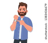 Dissatisfied man shows on the clock. Hurry up. Deadline. Impatient boss. Vector illustration in cartoon style