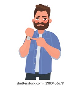 Dissatisfied man shows on the clock. Hurry up. Deadline. Impatient boss. Vector illustration in cartoon style