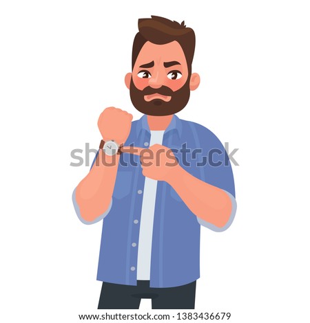 Dissatisfied man shows on the clock. Hurry up. Deadline. Impatient boss. Vector illustration in cartoon style