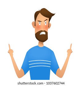 Dissatisfied man standing showing middle finger fuck you gesture. Cartoon vector illustration