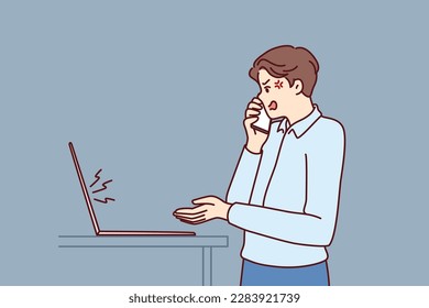 Dissatisfied manager makes phone call standing near laptop and quarreling with employees due to errors in financial report. Crazy boss angry after computer crash quarreling with support staff 