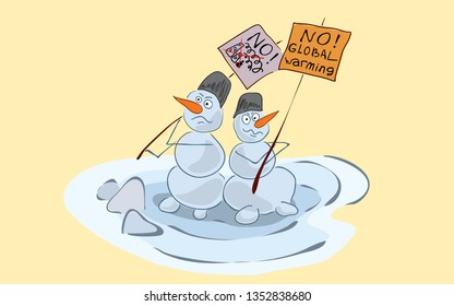 dissatisfied melting snowmen hold a picket with posters against global warming and environmental pollution. peaceful demonstration