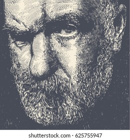 Dissatisfied Old Bearded Man. Retro Engraving Style. Vector Illustration