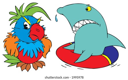 Dissatisfied parrot and shark