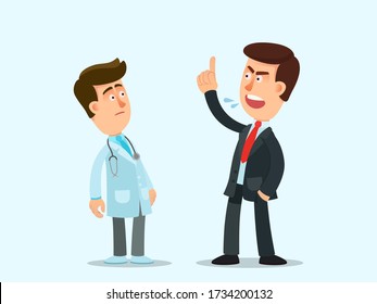 Dissatisfied Patient Argues With The Attending Physician. Aggressive Man Complains And Shout To Doctor. Vector Illustration, Flat Design, Cartoon Style, Isolated Background.