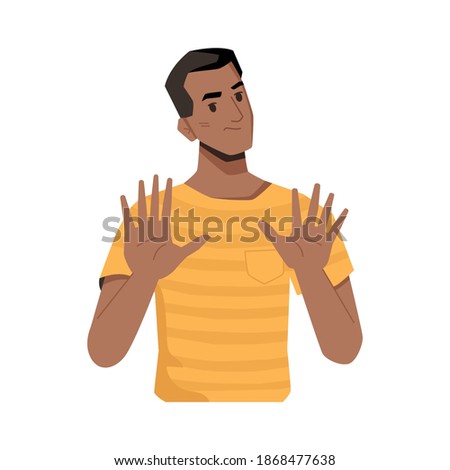 Dissatisfied person gesturing, isolated afro american man showing to move away. Denial or warning, rejection and pushing. Negative attitude or thoughts. Cartoon character, vector in flat style