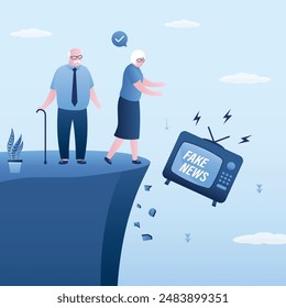 Dissatisfied spectators throws TV off cliff into abyss. TV set shows fake news and lies. Smart consumers does not want to be victim of propaganda. Frustration with deceptive social media. Flat vector