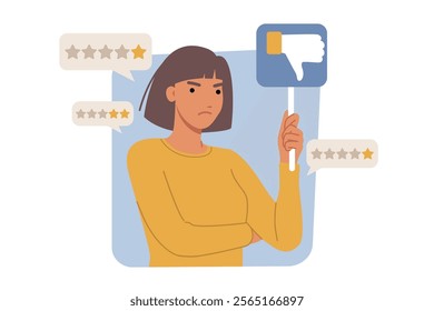 Dissatisfied woman customer gives bad ratings and spoils company reputation due to negative user experience. One star and thumbs down from girl internet app users because of negative user experience