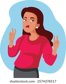 
Dissatisfied Woman Doing Air Quotes Gesture Vector Character. Mean girl making assumptions and talking in mockery term 
