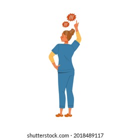 Dissatisfied Woman Medical Worker in Uniform Protesting Defending Her Rights Vector Illustration