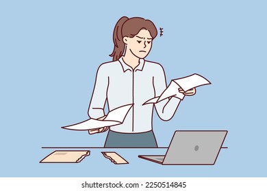 Dissatisfied woman secretary reads paper letter stands near table with laptop. Tense girl in business clothes examines documents sent by tax office with message about fine or debt. Flat vector image