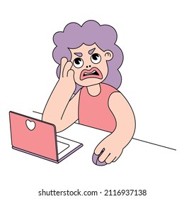 Dissatisfied Woman Sits At The Computer. Funny Unhappy Cartoon Character Works Behind A Laptop. Isolated Image On A White Background. Vector Illustration.