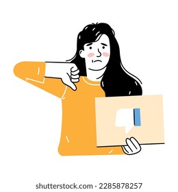 Dissatisfied woman thumbs down showing negative attitude with dislike sign. displeased. negative comments. Hand drawn style vector design illustration, outline, linear, thin line, doodle art.