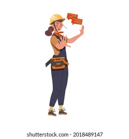 Dissatisfied Woman Worker in Overall and Hard Hat Protesting Defending Her Rights Vector Illustration