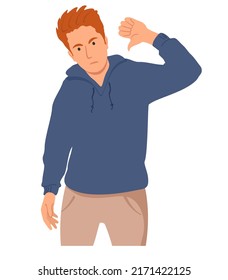 Dissatisfied young man gesturing with thumb down, showing negative attitude with dislike sign. Mute feedback and non-verbal communication. Colored flat vector illustration isolated on white. Protest
