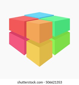 Dissected cube. Colorful vector cube that was cut into several smaller parts. Good for infographics, reports, and learning materials. 