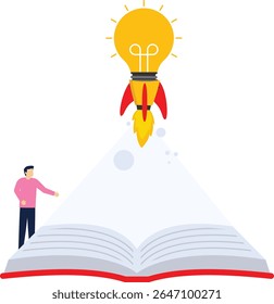 Disseminate knowledge in business books. Businessman launching idea bulb rocket vector

