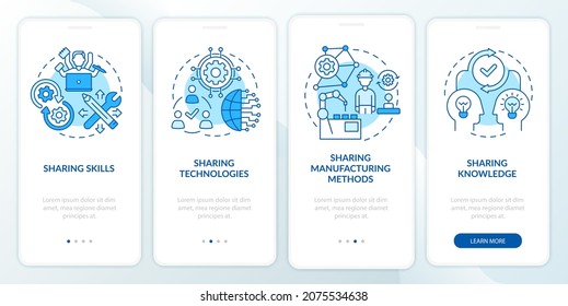 Dissemination methods onboarding mobile app page screen. Sharing knowledge walkthrough 4 steps graphic instructions with concepts. UI, UX, GUI vector template with linear color illustrations