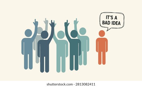Dissenting opinion concept showing group of people with raised hands next to one man declaring its a bad idea.