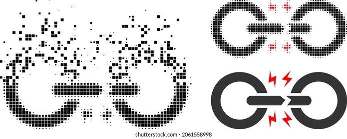 Dissipated dot broken chain link pictogram with halftone version. Vector destruction effect for broken chain link pictogram.