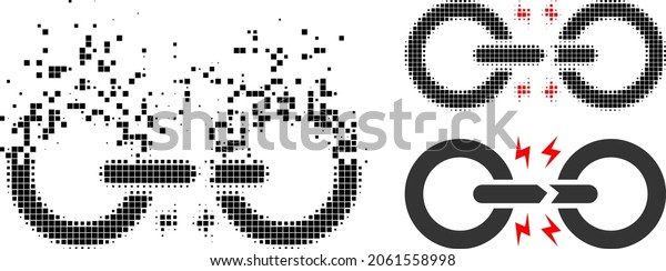 Dissipated dot broken chain link pictogram\
with halftone version. Vector destruction effect for broken chain\
link pictogram.