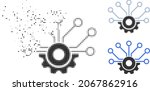 Dissipated dot gear sensor pictogram with halftone version. Vector wind effect for gear sensor pictogram. Pixel integration effect for gear sensor reproduces speed of cyberspace matter.