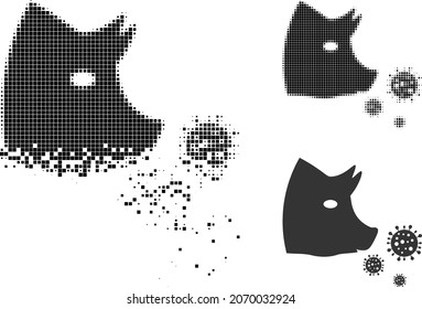 Dissipated dot pork flu infection glyph with halftone version. Vector destruction effect for pork flu infection pictogram.