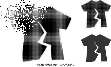 Dissipated dot torn t-shirt icon with halftone version. Vector wind effect for torn t-shirt icon. Pixelated abrasion effect for torn t-shirt reproduces movement of virtual matter.