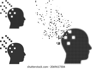 Icono disipado de compilación digital de cerebro con versión de semitono. Efecto de destrucción de vectores para el icono de compilación cerebral digital.