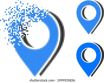 Dissipated dotted map marker shadow glyph with halftone version. Vector wind effect for map marker shadow pictogram.