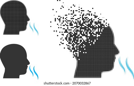 Dissipated dotted nose smell icon with halftone version. Vector wind effect for nose smell icon. Pixel disappearing effect for nose smell demonstrates movement of cyberspace world.