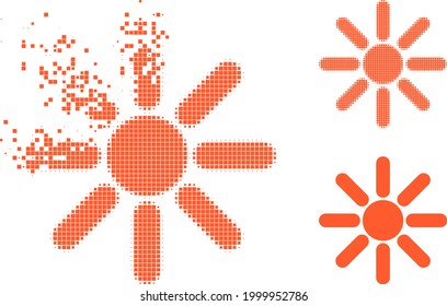 Dissipated dotted sun rays pictogram with halftone version. Vector destruction effect for sun rays pictogram. Pixel creation effect for sun rays shows motion of cyberspace things.