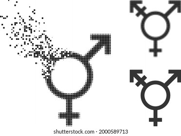 Dissipated dotted three gender symbol glyph with halftone version. Vector destruction effect for three gender symbol pictogram.