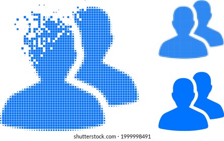 Icono de usuarios de puntos disipados con versión de semitono. Efecto de destrucción de vectores para el pictograma de los usuarios. El efecto de desfragmentación de píxeles para los usuarios reproduce el movimiento del mundo del ciberespacio.