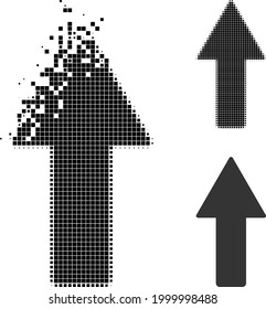 Dissipated pixelated arrow up glyph with halftone version. Vector destruction effect for arrow up icon. Pixelated creation effect for arrow up demonstrates movement of cyberspace matter. svg