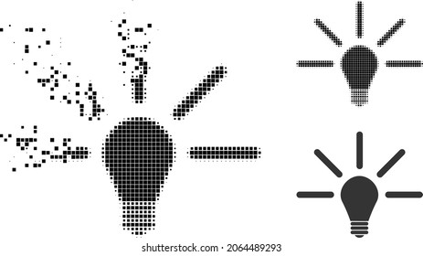 Icono de luz de bombilla pixelada disipado con versión de semitono. Efecto del viento del vector para el pictograma de la luz de la bombilla. El efecto de dispersión pixelada para la luz de la bombilla reproduce el movimiento de objetos del ciberespacio.