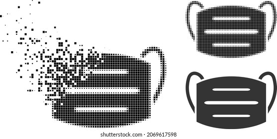 Icono de máscara de cóvido pixelado disipado con versión de semitono. Efecto de viento vectorial para el icono de máscara de vídeo. El efecto de disolución de píxeles para la máscara de cóvido demuestra el movimiento del mundo del ciberespacio.