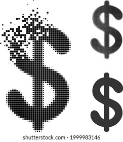 Dissipated pixelated dollar currency glyph with halftone version. Vector destruction effect for dollar currency pictogram.