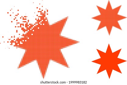 Dissipated pixelated eight pointed star pictogram with halftone version. Vector destruction effect for eight pointed star pictogram.