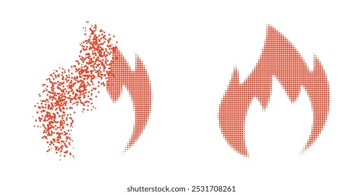 Piktogramm mit verpixelter Feuerflamme mit Halbtonausführung. Vektorwindeffekt für Feuerflammenpiktogramm. Verpixelt zerfallende Wirkung für Feuer Flamme zeigt Geschwindigkeit der Cyberspace-Welt.