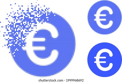 Abgegebene pixelförmige, abgerundete Euro-Piktogramm mit Halbtonversion. Vektorwindeffekt für abgerundetes Euro-Symbol. Der Pixelintegration-Effekt für den abgerundeten Euro zeigt Bewegung von virtuellen Dingen.