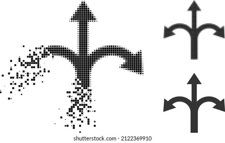 Dissipated pixelated triple bifurcation arrow icon with halftone version. Vector destruction effect for triple bifurcation arrow icon.