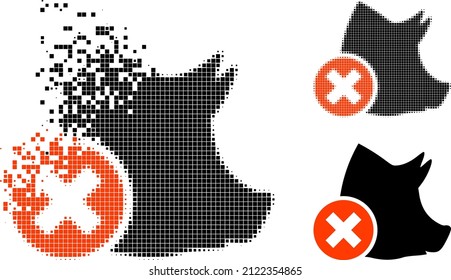 Dissipated pixelated wrong pork icon with halftone version. Vector wind effect for wrong pork pictogram. Pixelated erosion effect for wrong pork reproduces motion of cyberspace concepts.