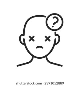 Dissociation Icon. Vector Outline Editable Isolated Sign of a Person with Crossed Eyes and a Question Mark Overhead, Symbolizing the Mental State of Dissociation and Confusion.