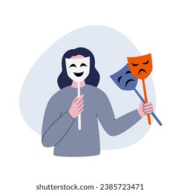 Dissociation mental disorder. Woman hides her face under a mask. Dissociation of identity. Flat vector illustration of mental problem