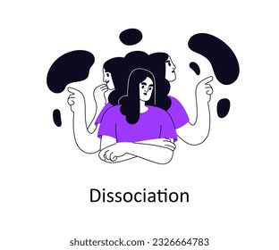 Dissociation, mental health disorder. Psychology concept. Dissociated disconnected detached person experiencing multiple feelings, emotions. Flat vector illustration isolated on white background